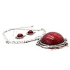 Stunning Silver Tone Statement Flower Medallion With Red String Glass Bubble Necklace Earrings Set, 16"+3" Extension