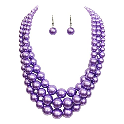 Multi Strand Simulated Pearl Necklace and Earrings Jewelry Set, 18"+3" Extender (Lavender Purple Silver Tone)