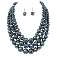 Multi Strand Simulated Pearl Necklace and Earrings Jewelry Set, 18"+3" Extender (Dark Slate Gray Silver Tone)