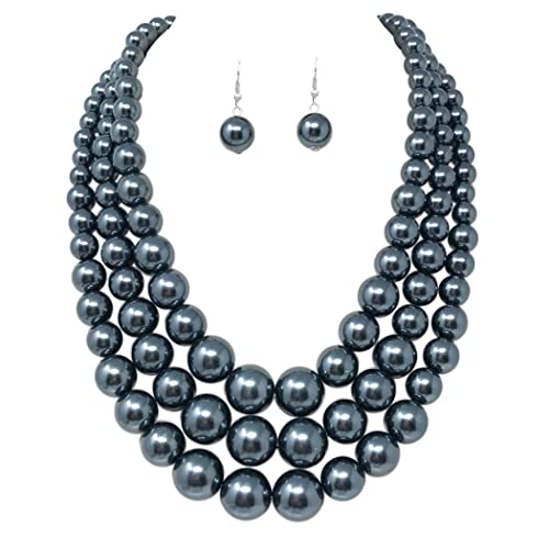 Multi Strand Simulated Pearl Necklace and Earrings Jewelry Set, 18"+3" Extender (Dark Slate Gray Silver Tone)