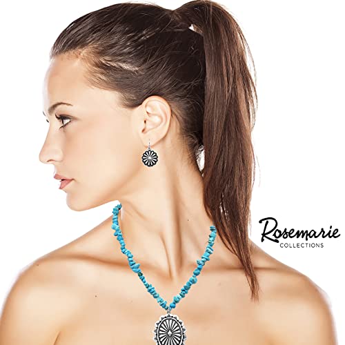 Cowgirl Chic Statement Turquoise Howlite Stone Strand Western Concho Pendant Necklace Earrings Set, 19"+3" Extender