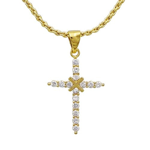 Stunning Religious Cubic Zirconia Crystal Cross Pendant 24K Dipped Gold Rope Chain Necklace, 18" with Anti-tarnish Protection