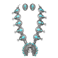 Rosemarie & Jubalee Women's Cowgirl Chic Western Feather Squash Blossom Turquoise Howlite Statement Necklace Earrings Gift Set, 24"+ 3" Extension