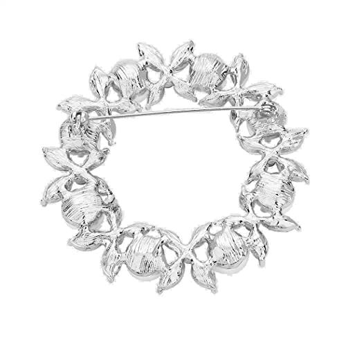 Stunning Floral Vibes Statement Crystal And Simulated Pearl Wreath Brooch, 2.5" (White Pearl Silver Tone Clear Crystal)