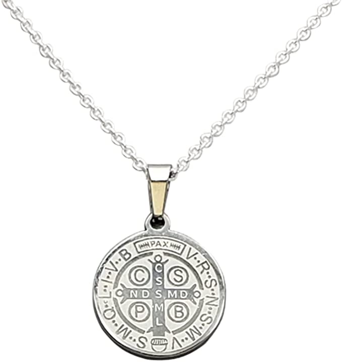 Stainless Steel Double Sided Saint Benedict Medallion Pendant On Sterling Silver Made In Italy Chain Necklace (Cable Chain With Adjustable Slide, 22")