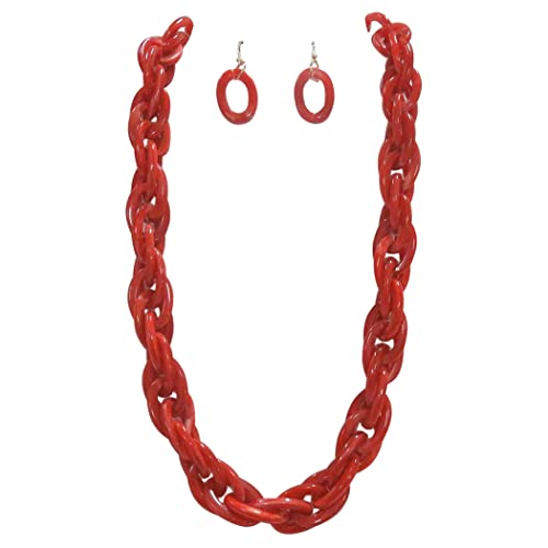 Bold Statement Acrylic Resin Link Chain Necklace Earring Set, 21"+3" Extender (Burnt Orange Swirl Gold Tone)