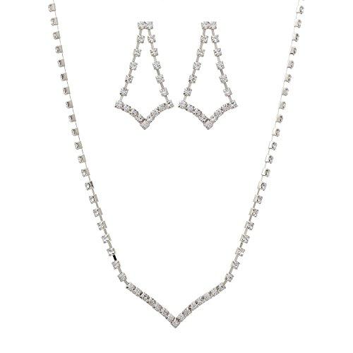 Rhinestone Strand V Necklace Drop Earrings Set (Silver Tone)