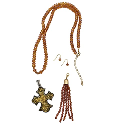 Rosemarie's Religious Gifts Women's Statement Two Tone Tone Metal Christian Cross Magnetic Pendant And Tassel On Golden Topaz 8mm Faceted Crystal Bead Strand Necklace Earrings Gift Set, 32"+3" Extender