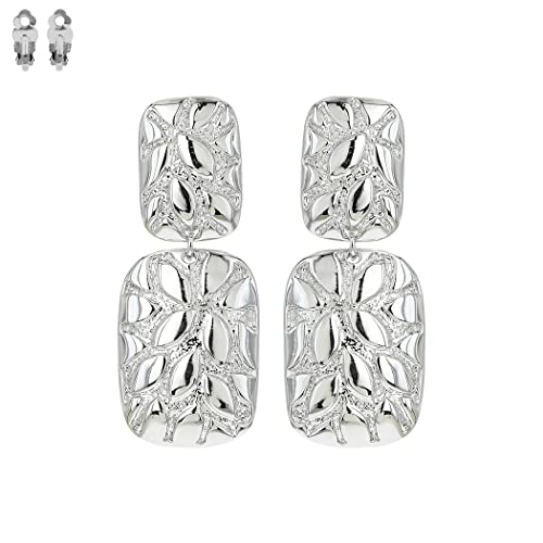 Unique Textured Polished Metal Dangle Clip On Style Earrings, 2.5" (Silver Tone)