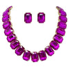 Stunning And Colorful Emerald Cut Crystal Rhinestone Statement Necklace Earrings Bridal Gift Set, 16.5"+3" Extender (Fuchsia Pink Crystal Gold Tone)