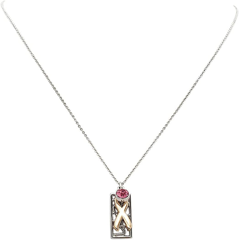 Inspirational Breast Cancer Awareness Pink Ribbon Faith And Crystal Rhinestone Charm Necklace, 18"+2" Extender