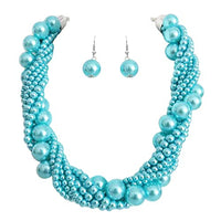 Stunning Twisted Multi Strand Simulated Pearl Necklace And Earrings Jewelry Set, 16"+3" Extender (Turquoise Blue Pearl Silver Tone)