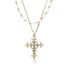 Double Layer Gold Tone Filigree Cross Religious Pendant Necklace with Faux Pearls 16" with 3" Extender