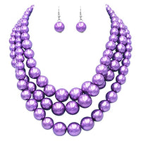Multi Strand Simulated Pearl Necklace and Earrings Jewelry Set, 18"+3" Extender (Lavender Purple Silver Tone)