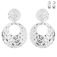 Statement Polished Metal Hammered Texture Hoop Clip On Earrings, 2.75" (Silver Tone)