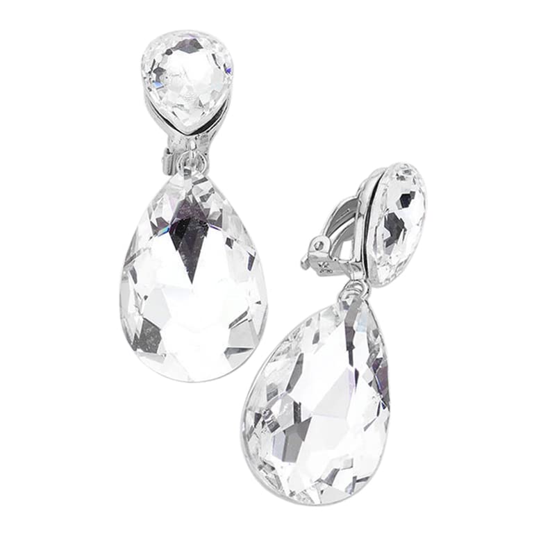 Double Teardrop Statement Glass Crystal Dangle Clip On Bridal Earrings, 2" (Clear Crystal Silver Tone)