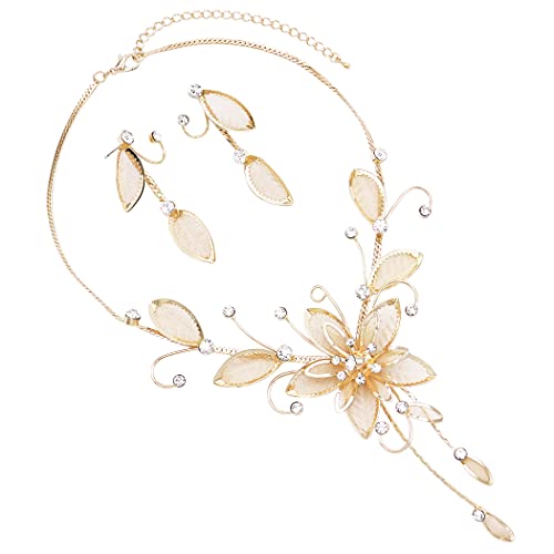 Stunning Large Metal Mesh Flower With Crystal Accents Collar Necklace And Dangle Earrings Jewelry Set, 14"+3" Extension (Gold Tone)