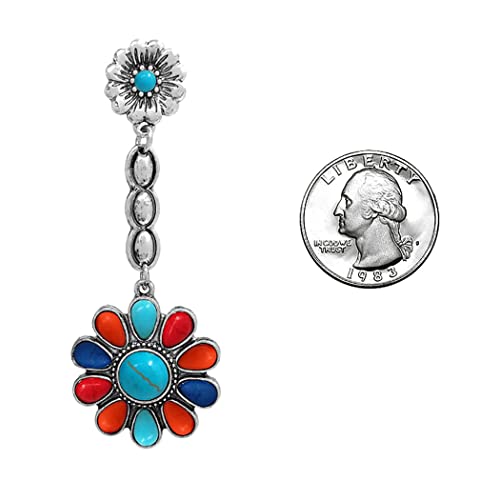 Western Style Colorful Statement Textured Metal Howlite Stone Flower Dangle Earrings, 2.62"