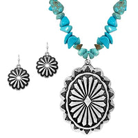 Cowgirl Chic Statement Turquoise Howlite Stone Strand Western Concho Pendant Necklace Earrings Set, 19"+3" Extender