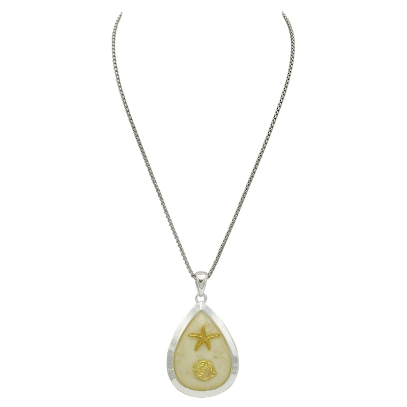 Chic Polished Silver Tone Resin Teardrop Pendant With Gold Tone Fish And Starfish On Stainless Steel Rolo Necklace Chain, 17"+2" Extender