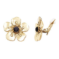 Polished Gold Tone Sculpted 3D Metal Flower Crystal Crystal Center Clip On Style Earrings, 1"