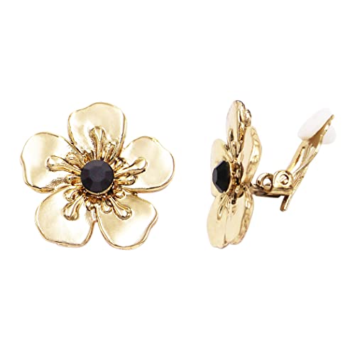 Polished Gold Tone Sculpted 3D Metal Flower Crystal Crystal Center Clip On Style Earrings, 1"