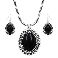 Western Style Silver Tone Concho Medallion with Natural Howlite Necklace Earrings Set, 26"+3" Extension (Black)