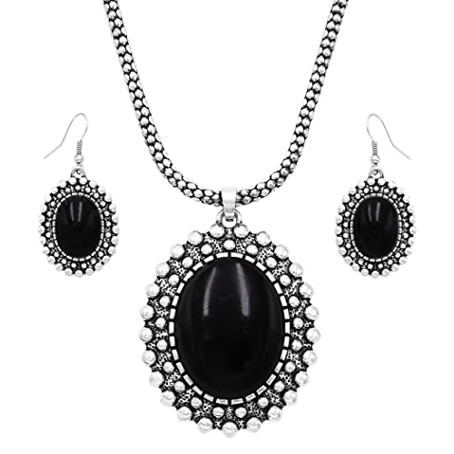 Western Style Silver Tone Concho Medallion with Natural Howlite Necklace Earrings Set, 26"+3" Extension (Black)