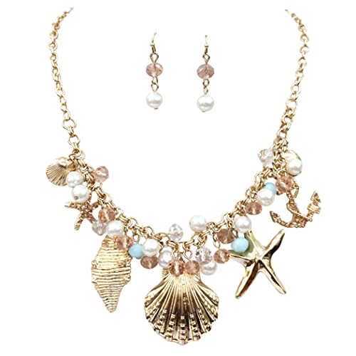 Made For A Mermaid Stunning Polished Gold Tone Seashells Starfish Anchor Charms With Dangling Crystal Beads Necklace Earrings Gift Set, 18"+3" Extender