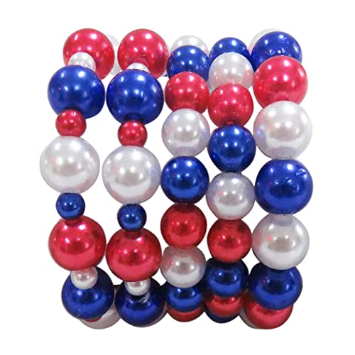 Stacking Set of 5 Statement Stretch Beaded Simulated Pearl Bracelet, 6.75" (Red White & Blue USA Mix)