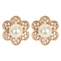 Timeless Classic Statement Simulated 10mm Pearl With Crystal Rhinestone Flower Halo Clip On Earrings, 1" (Cream Pearl Gold Tone)