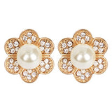 Timeless Classic Statement Simulated 10mm Pearl With Crystal Rhinestone Flower Halo Clip On Earrings, 1