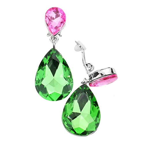 Rosemarie Collections Women's Stunning Double Teardrop Crystal Statement Clip On Earrings, 1.75" (Green And Pink Mix Silver Tone)
