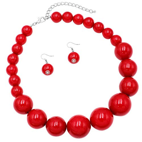 Girl's 6mm Glass Bead Simulated Pearl 3 Piece Necklace Bracelet Earrings Dress Up Jewelry Set, 12"-14" with 2" Extender (Red)