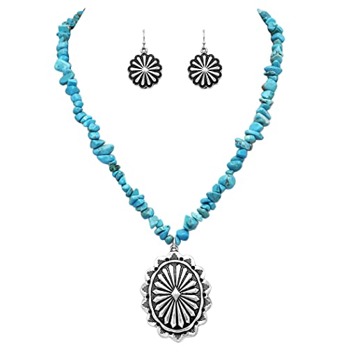 Cowgirl Chic Statement Turquoise Howlite Stone Strand Western Concho Pendant Necklace Earrings Set, 19"+3" Extender