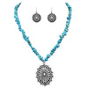 Cowgirl Chic Statement Turquoise Howlite Stone Strand Western Concho Pendant Necklace Earrings Set, 19"+3" Extender