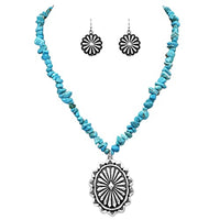 Cowgirl Chic Statement Turquoise Howlite Stone Strand Western Concho Pendant Necklace Earrings Set, 19"+3" Extender