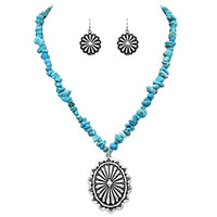 Cowgirl Chic Statement Turquoise Howlite Stone Strand Western Concho Pendant Necklace Earrings Set, 19"+3" Extender