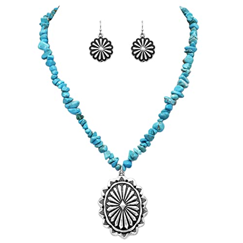 Cowgirl Chic Statement Turquoise Howlite Stone Strand Western Concho Pendant Necklace Earrings Set, 19"+3" Extender