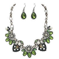 Mesmerizing Art Deco Crystal Flowers Statement Necklace Earrings Bridal Gift Set, 15"+3" Extender (Green Crystal Silver Tone)