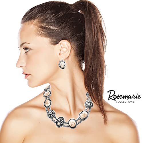 Unique Western Natural Howlite Stone Squash Blossom Necklace Earrings Gift Set, 18"+3" Extension