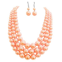 Colorful Multi Strand Simulated Pearl Necklace And Earrings Jewelry Gift Set, 18"+3" Extender (Peach Silver Tone - Double Ball Earring)