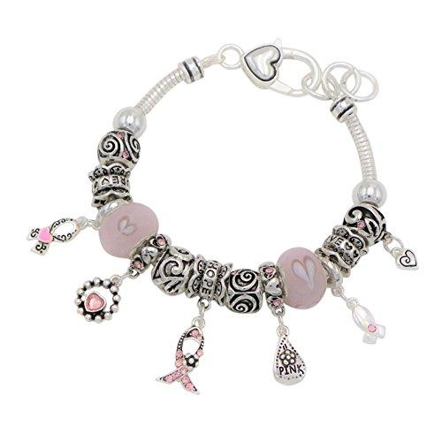 Pink Ribbon Breast Cancer Awareness Hearts Charm Bracelet