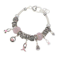 Breast Cancer Awareness Heart Enamel Glass Charm Bracelet 925 Silver, Size: 6, Pink