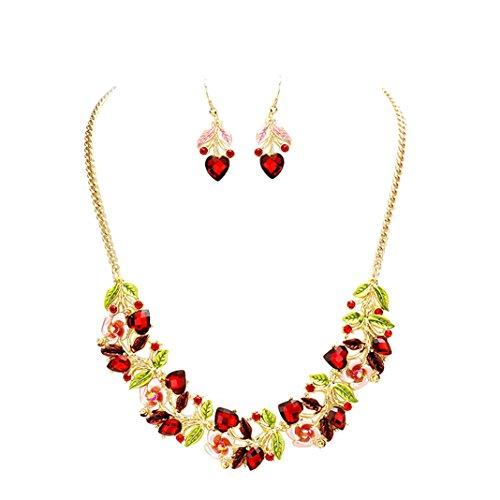 Flower and Vine Glass Crystal Necklace and Earrings Gift Set (Pink and Red)
