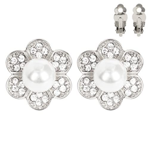 Timeless Classic Statement Simulated 10mm Pearl With Crystal Rhinestone Flower Halo Clip On Earrings, 1" (White Pearl Silver Tone)