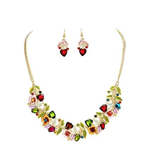 Flower and Vine Glass Crystal Necklace and Earrings Set (Jewel Tones)