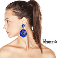 Dramatic Teardrop Crystals Long Shoulder Duster Clip On Style Earrings, 3.5" (Royal Sapphire Blue Silver Tone)