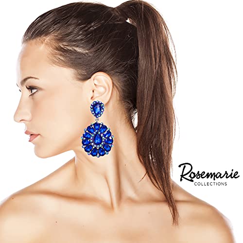 Dramatic Teardrop Crystals Long Shoulder Duster Clip On Style Earrings, 3.5" (Royal Sapphire Blue Silver Tone)