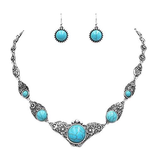 Vintage Western Style Decorative Flower Framed Turquoise Howlite Stone Necklace Earrings Gift Set, 17"+3" Extender